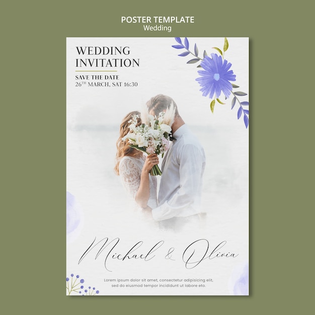 PSD gratuit modèle d'affiche de conception de mariage aquarelle