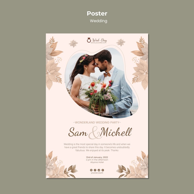 Modèle d'affiche de couple de mariage floral
