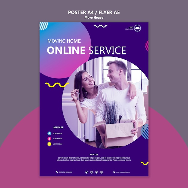 PSD gratuit modèle d'affiche de déménagement de service en ligne