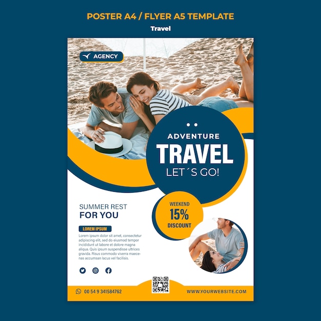 Modèle d'affiche ou de dépliant de voyage à design plat