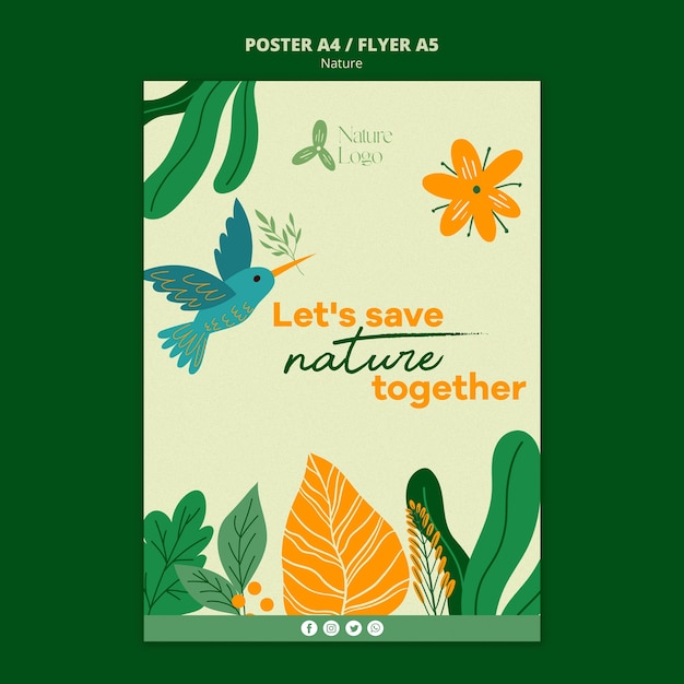 PSD gratuit modèle d'affiche design plat sauver la nature