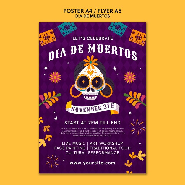 Modèle d'affiche dia de muertos dessiné à la main