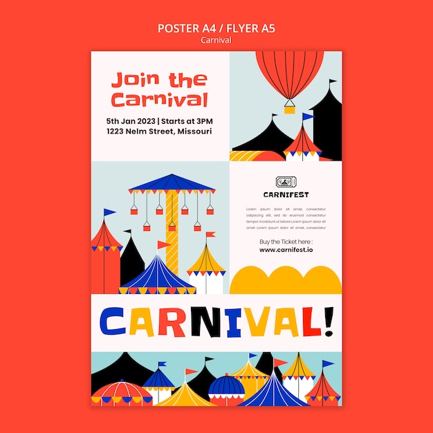 Modèle d'affiche de divertissement de carnaval dessiné à la main
