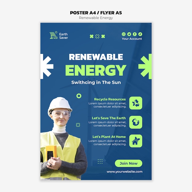 PSD gratuit modèle d'affiche d'énergie renouvelable design plat