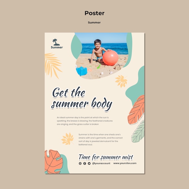 PSD gratuit modèle d'affiche d'été avec des feuilles colorées