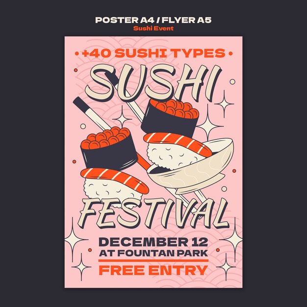 Modèle d'affiche d'événement de sushi dessiné à la main
