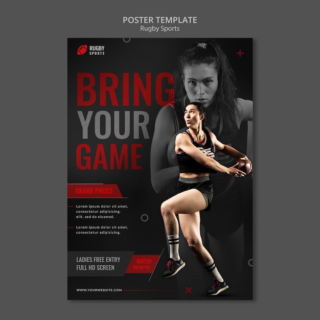 PSD gratuit modèle d'affiche femme jouant au rugby