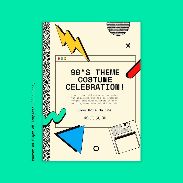 PSD gratuit modèle d'affiche de fête des années 90 dessinés à la main