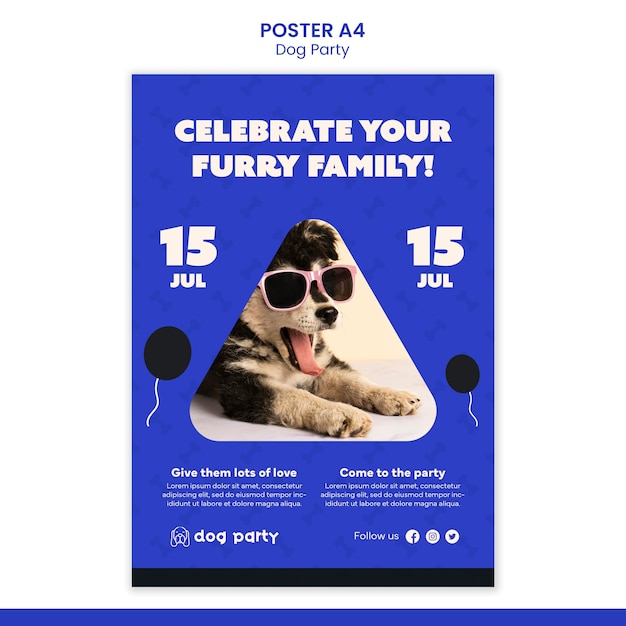 PSD gratuit modèle d'affiche de fête de chien design plat