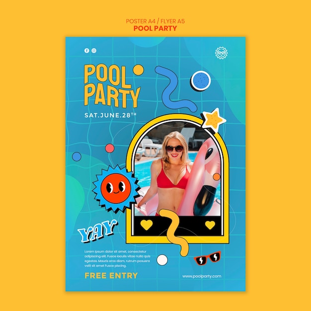 PSD gratuit modèle d'affiche de fête de piscine de style dessin animé