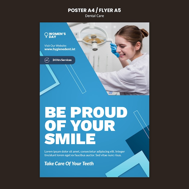 Modèle d'affiche ou de flyer de soins dentaires design plat