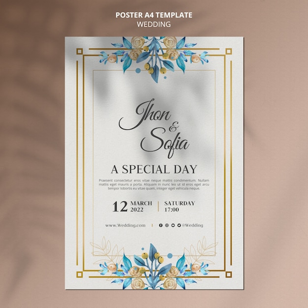 Modèle d'affiche d'invitation de mariage floral doré