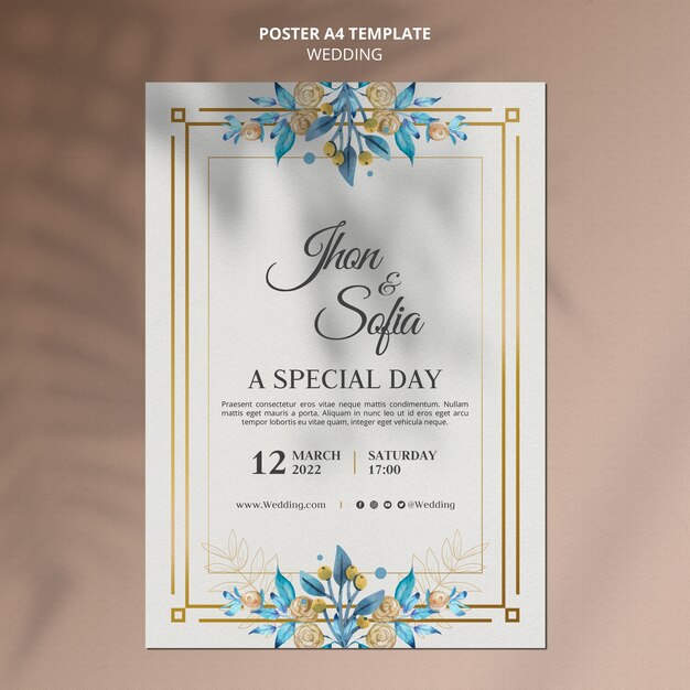 Modèle d'affiche d'invitation de mariage floral doré