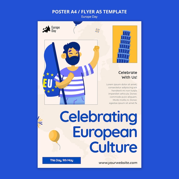 PSD gratuit modèle d'affiche de la journée de l'europe dessiné à la main