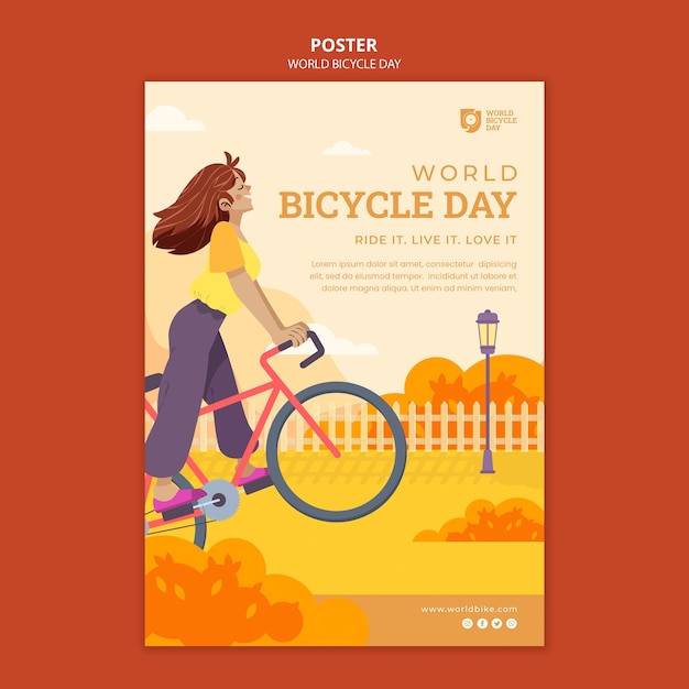 Modèle d'affiche de la journée mondiale du vélo design plat