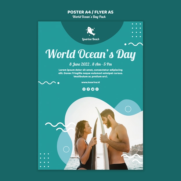 PSD gratuit modèle d'affiche avec la journée mondiale des océans