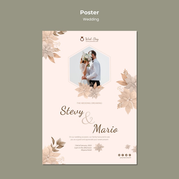 PSD gratuit modèle d'affiche de mariage floral