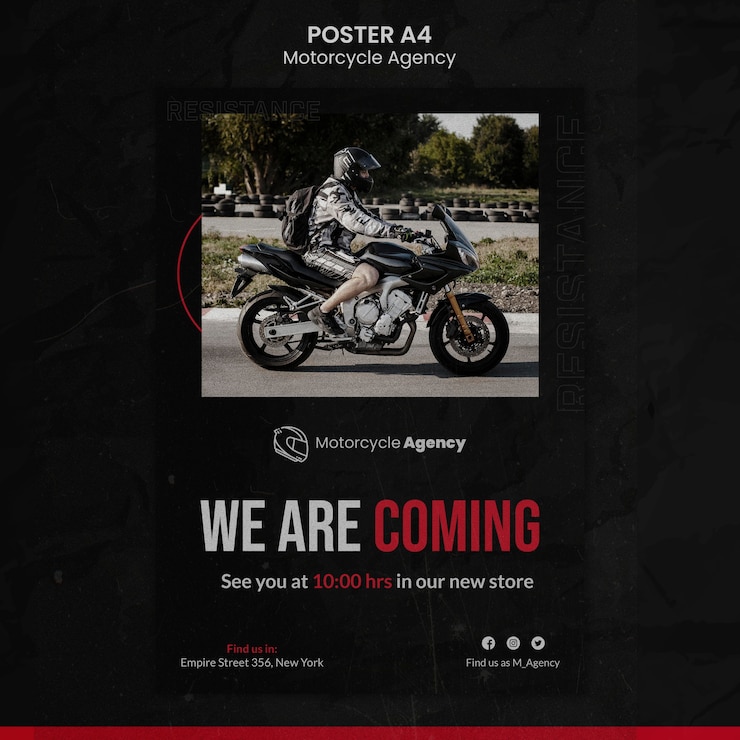 PSD gratuit modèle d'affiche pour agence de moto avec cavalier masculin