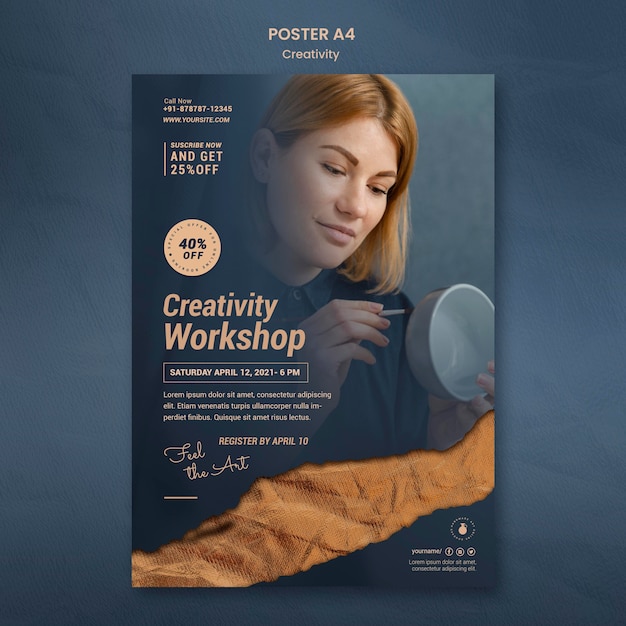 PSD gratuit modèle d'affiche pour un atelier de poterie créative avec une femme