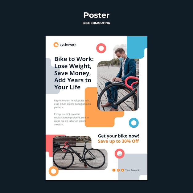 PSD gratuit modèle d'affiche pour les déplacements à vélo avec un passager masculin