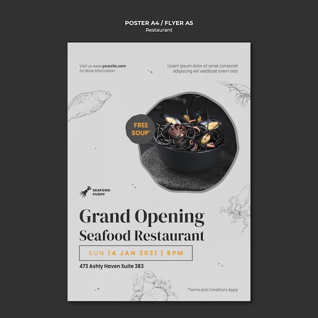 PSD gratuit modèle d'affiche pour restaurant de fruits de mer avec moules et nouilles