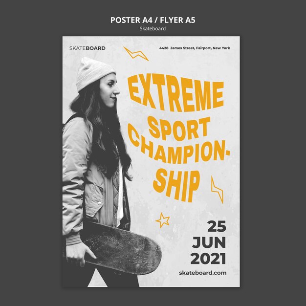 Modèle d'affiche pour le skateboard avec une femme