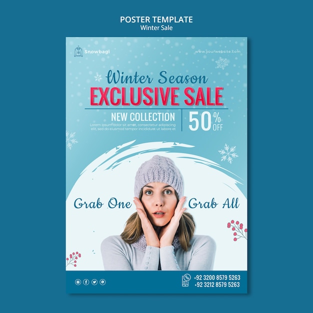 PSD gratuit modèle d'affiche pour les soldes d'hiver avec femme et flocons de neige