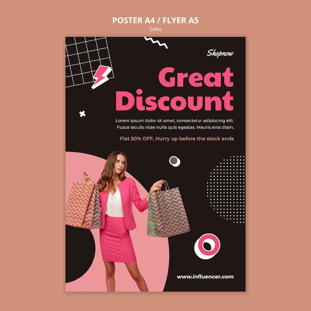 PSD gratuit modèle d'affiche pour les ventes avec une femme en costume rose