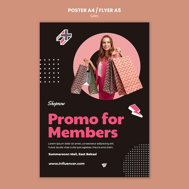 PSD gratuit modèle d'affiche pour les ventes avec une femme en costume rose