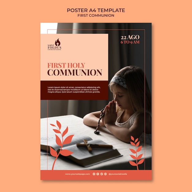 PSD gratuit modèle d'affiche de première communion design plat