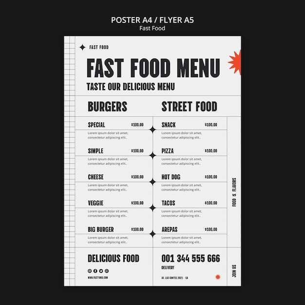 PSD gratuit modèle d'affiche de restauration rapide design plat