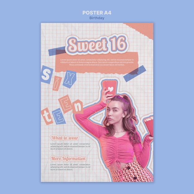 PSD gratuit modèle d'affiche rétro sweet 16