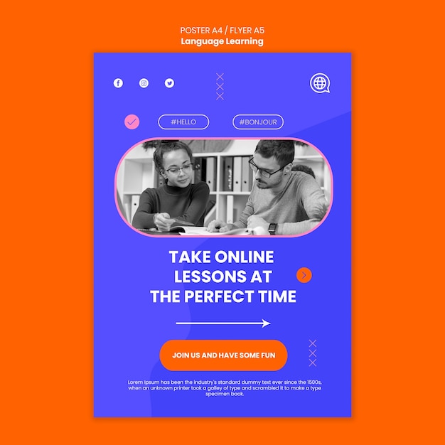 PSD gratuit modèle d'affiche verticale d'apprentissage des langues