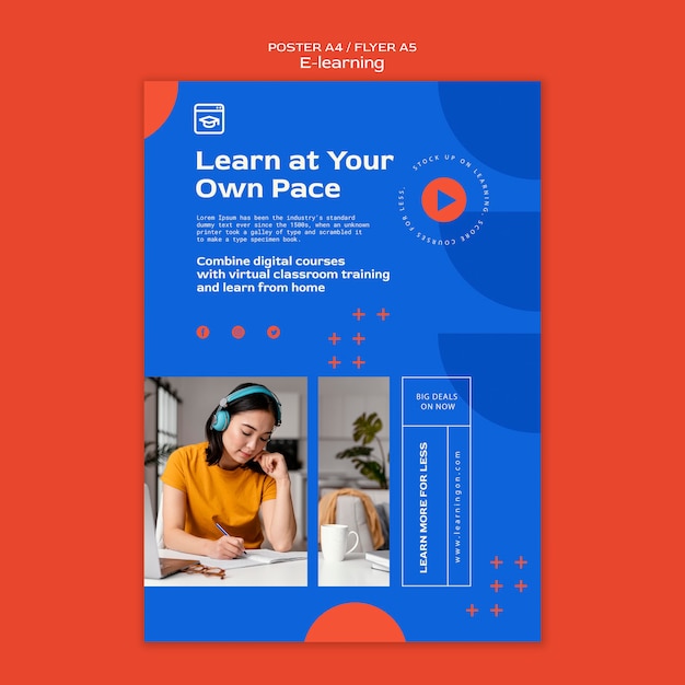 PSD gratuit modèle d'affiche verticale d'apprentissage en ligne et de cours à distance en ligne