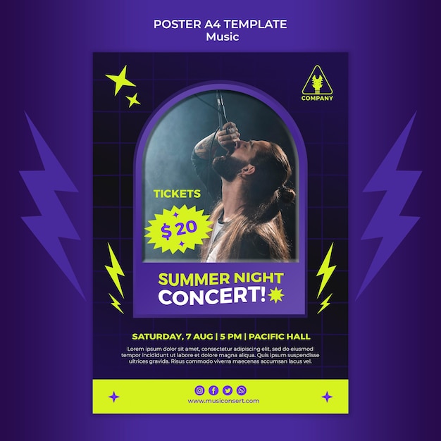 PSD gratuit modèle d'affiche verticale au néon pour le concert de nuit d'été