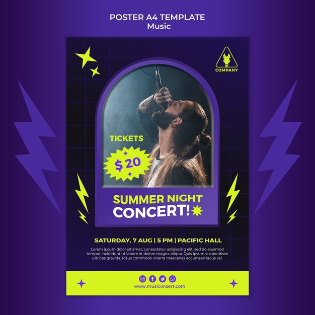Modèle d'affiche verticale au néon pour le concert de nuit d'été