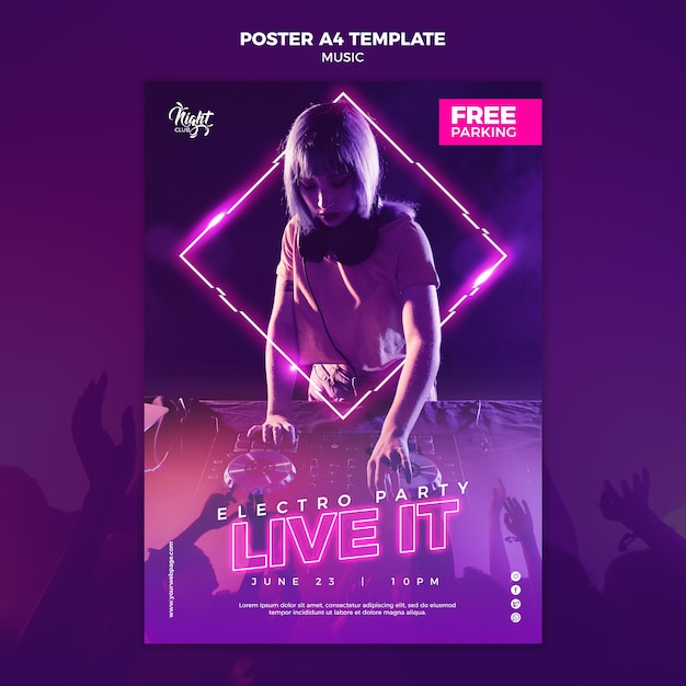 Modèle d'affiche verticale au néon pour la musique électronique avec dj féminin