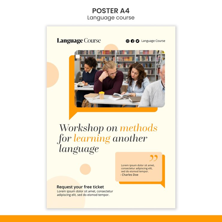 PSD gratuit modèle d'affiche verticale de cours de langue avec un design de cercles