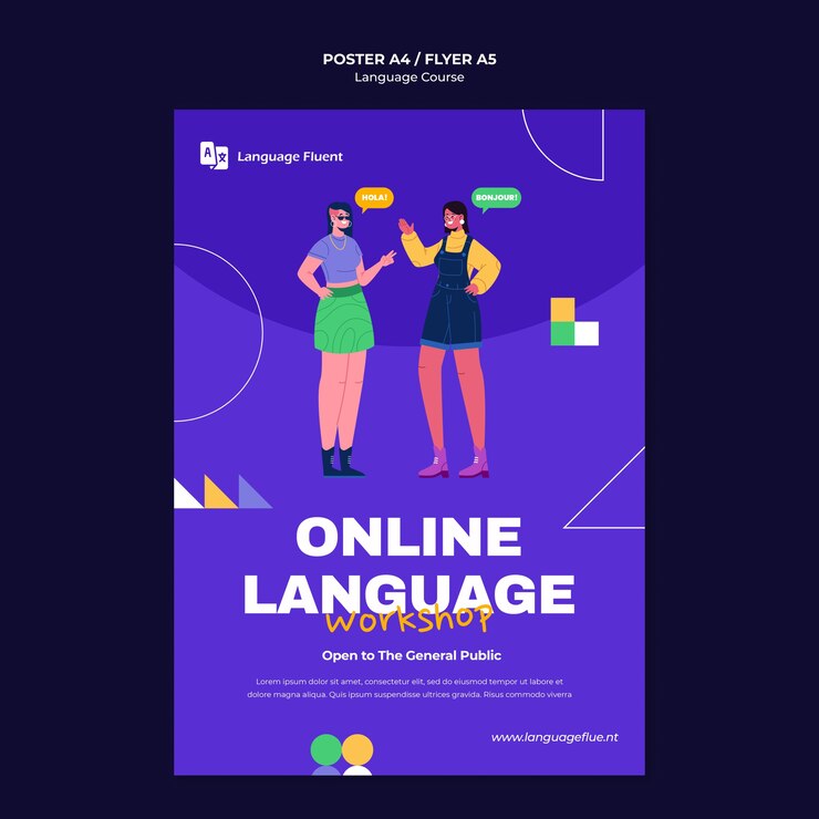 PSD gratuit modèle d'affiche verticale de cours de langue avec des personnes et des formes géométriques