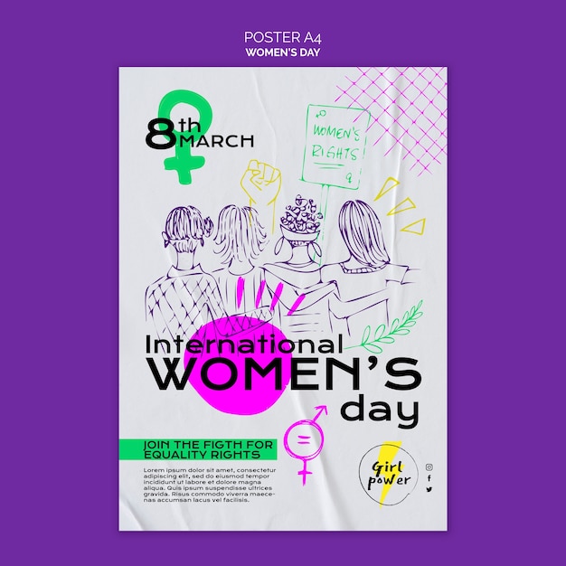 PSD gratuit modèle d'affiche verticale dessinée à la main pour la célébration de la journée de la femme