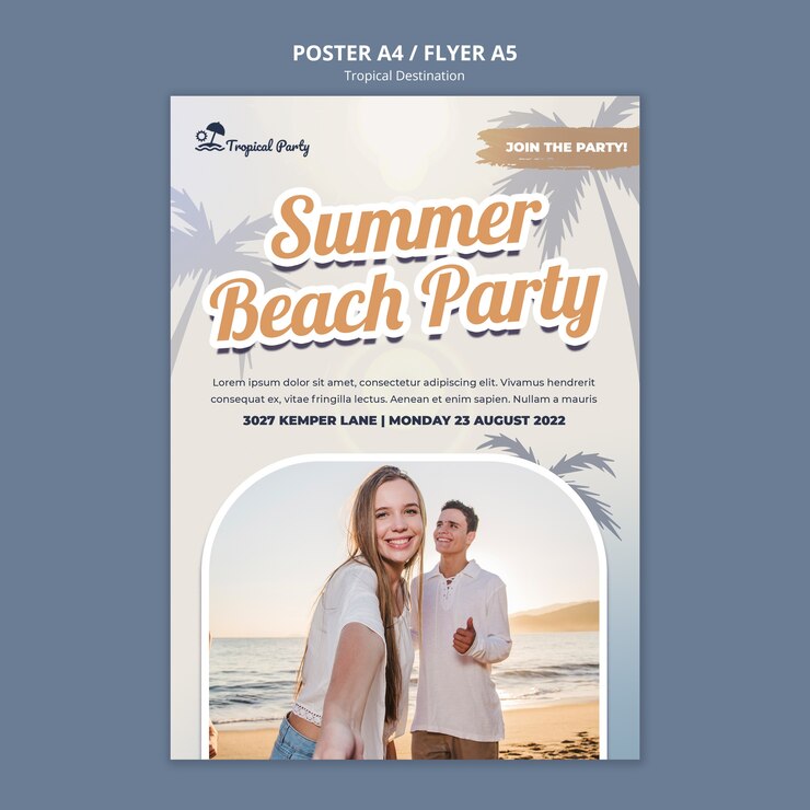PSD gratuit modèle d'affiche verticale de destination tropicale avec palmiers