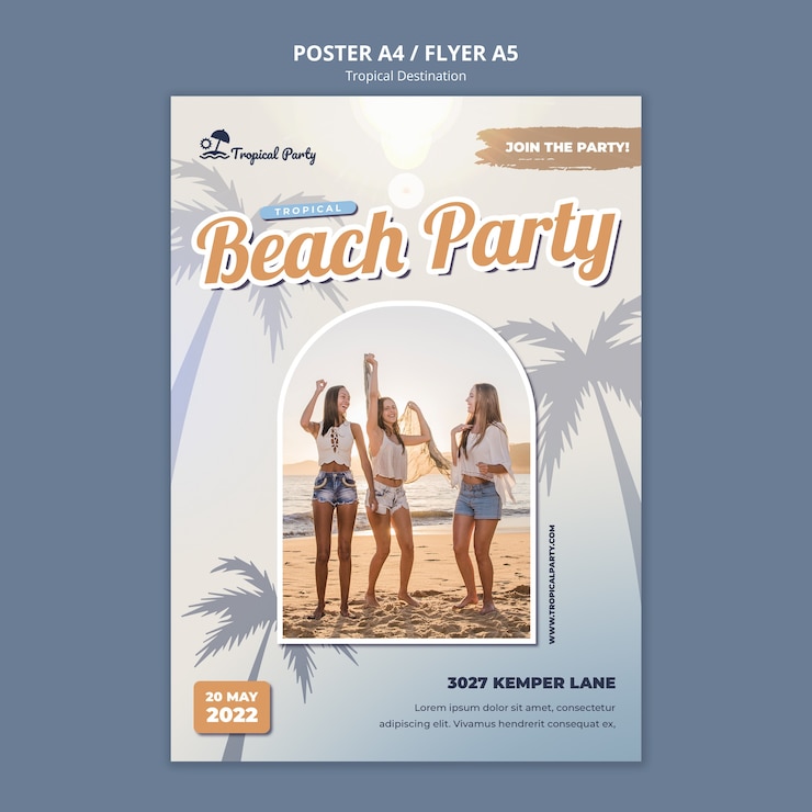 PSD gratuit modèle d'affiche verticale de destination tropicale avec palmiers