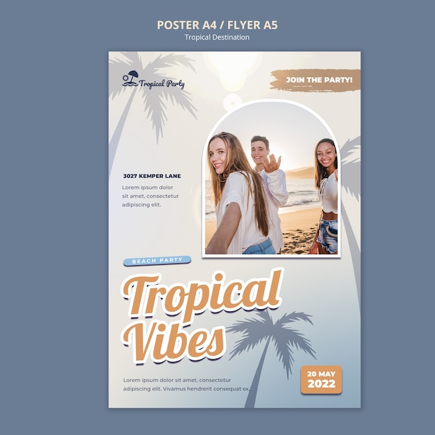 Modèle d'affiche verticale de destination tropicale avec palmiers