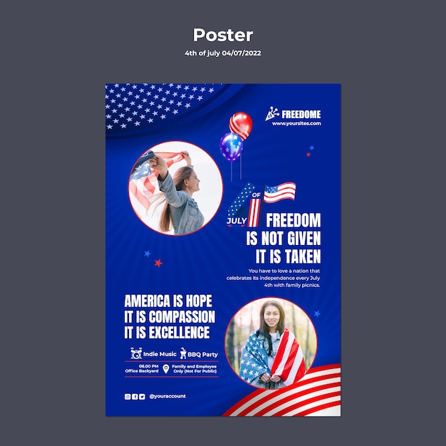 PSD gratuit modèle d'affiche verticale du 4 juillet avec drapeau américain