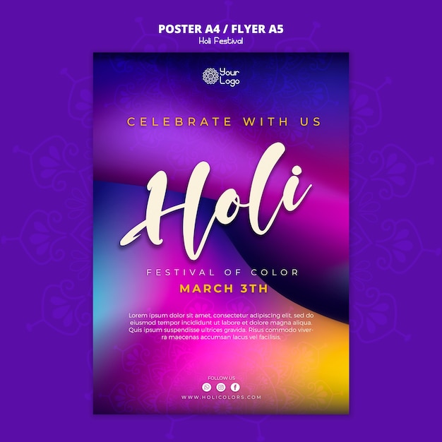 Modèle d'affiche verticale du festival holi coloré dégradé