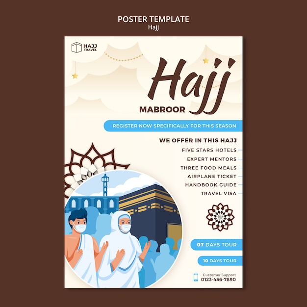 PSD gratuit modèle d'affiche verticale du hajj avec la mecque et les gens qui prient