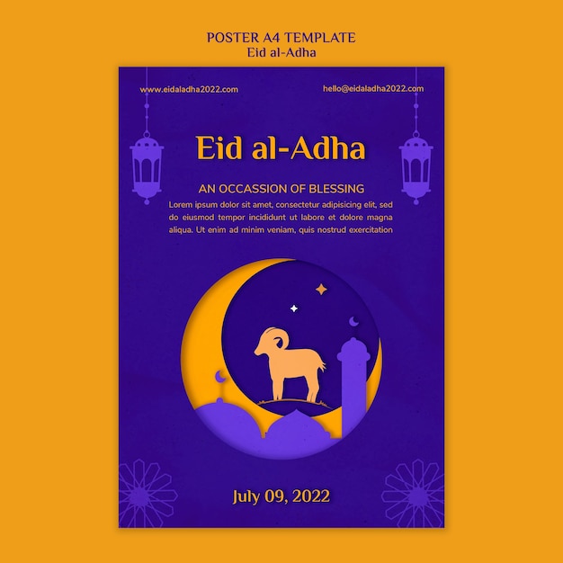 Modèle d'affiche verticale eid al-adha avec croissant de lune et bélier