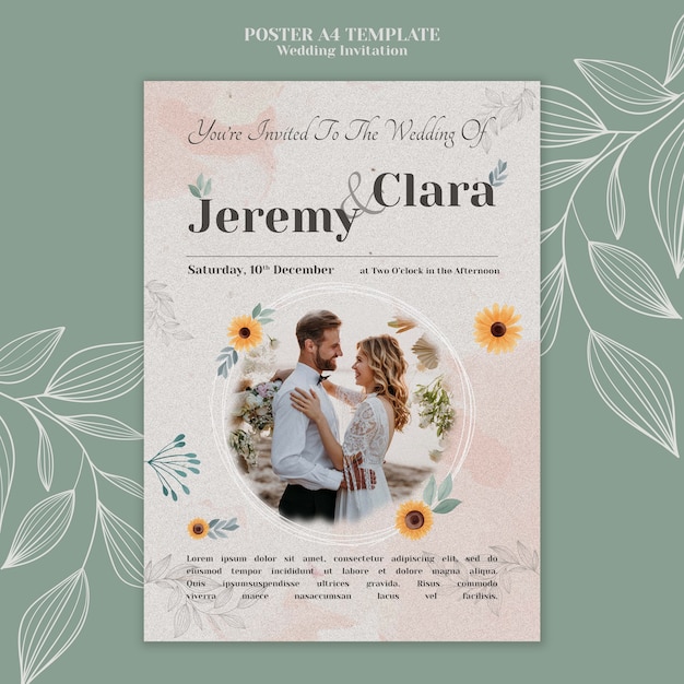 PSD gratuit modèle d'affiche verticale d'invitation de mariage avec couple et fleurs