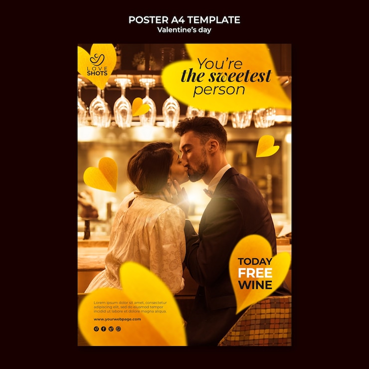 PSD gratuit modèle d'affiche verticale jaune de la saint-valentin