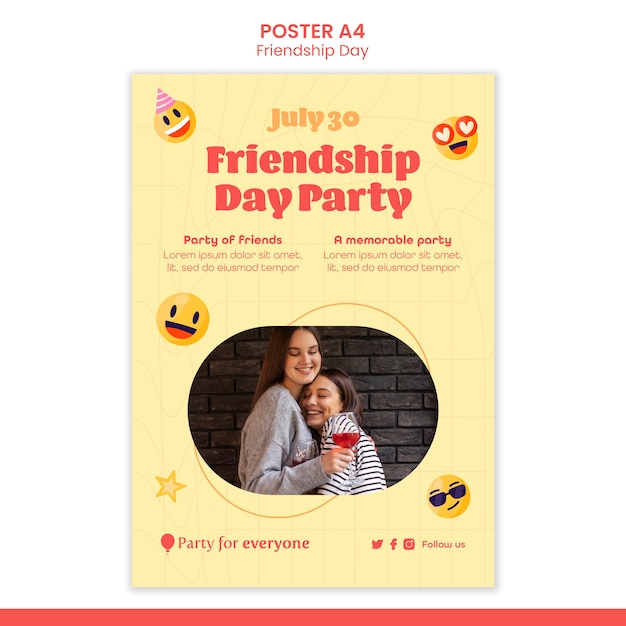 PSD gratuit modèle d'affiche verticale de la journée de l'amitié avec des émoticônes